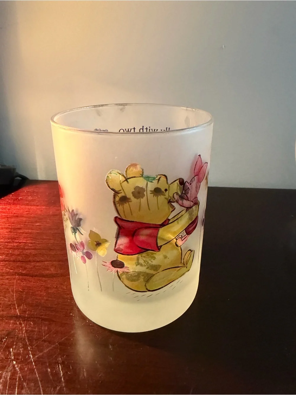 Disney Winnie the Pooh Piglet Frosted Glass Tumbler Cup “Friendly With Two”